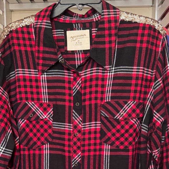 RED PLAID SEQUIN FLANNEL. ARIZONA LONG SLEEVE LIGHTWEIGHT SPARKLY SHIRT. NWT - Picture 4 of 16